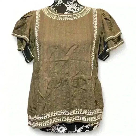 LOFT Women's Petite Medium Olive Green Embroidered Peplum Blouse - Picture 1 of 5